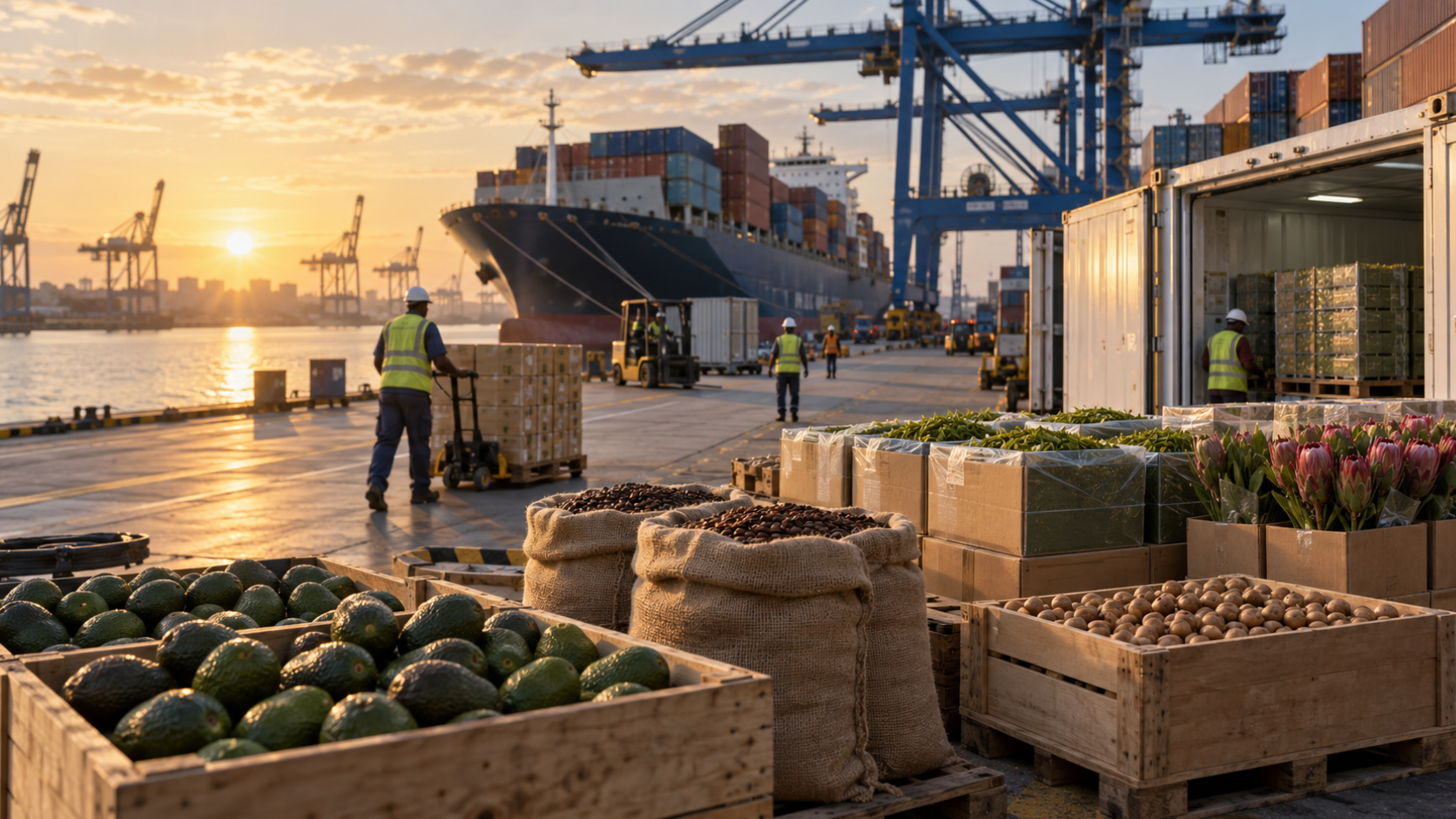 Kenyan agricultural exports prepared for shipment at a modern seaport, representing the country’s expanding trade opportunities.