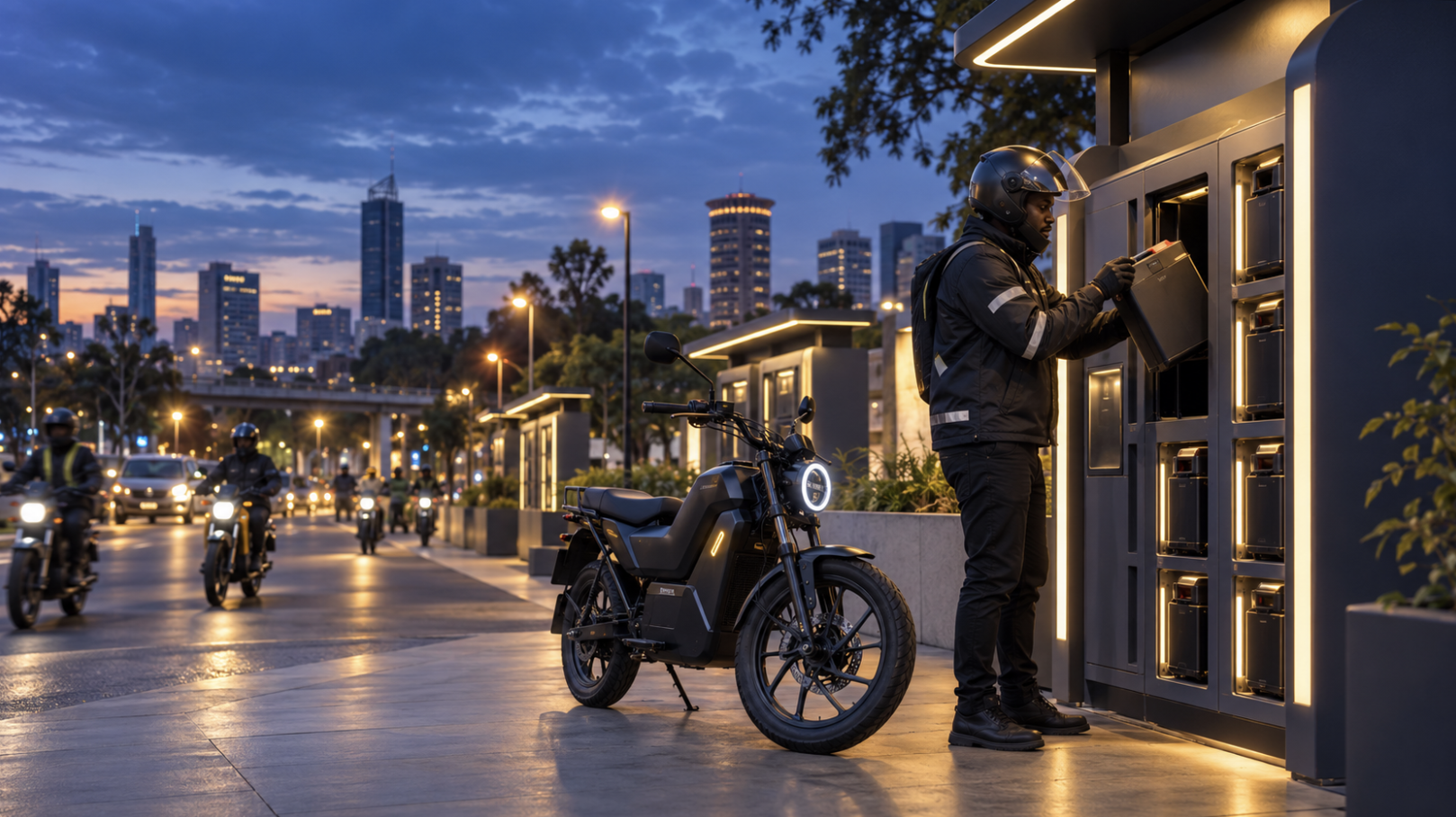 Electric boda boda rider exchanging a battery at a smart swapping station in Nairobi.