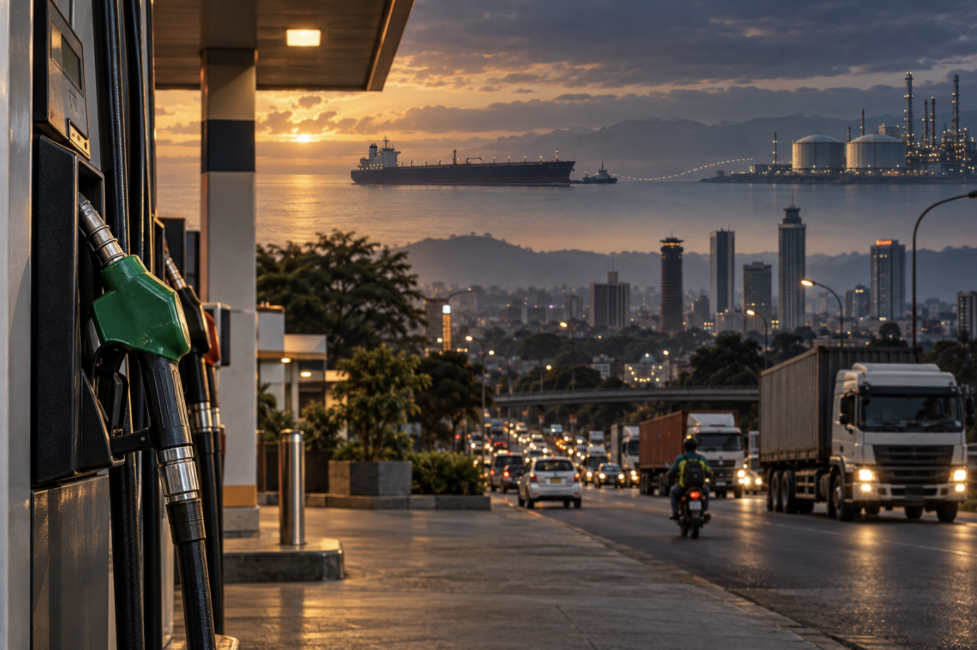 Fuel pumps overlooking Nairobi traffic, with symbolic global oil infrastructure illustrating Kenya’s exposure to international oil shocks.