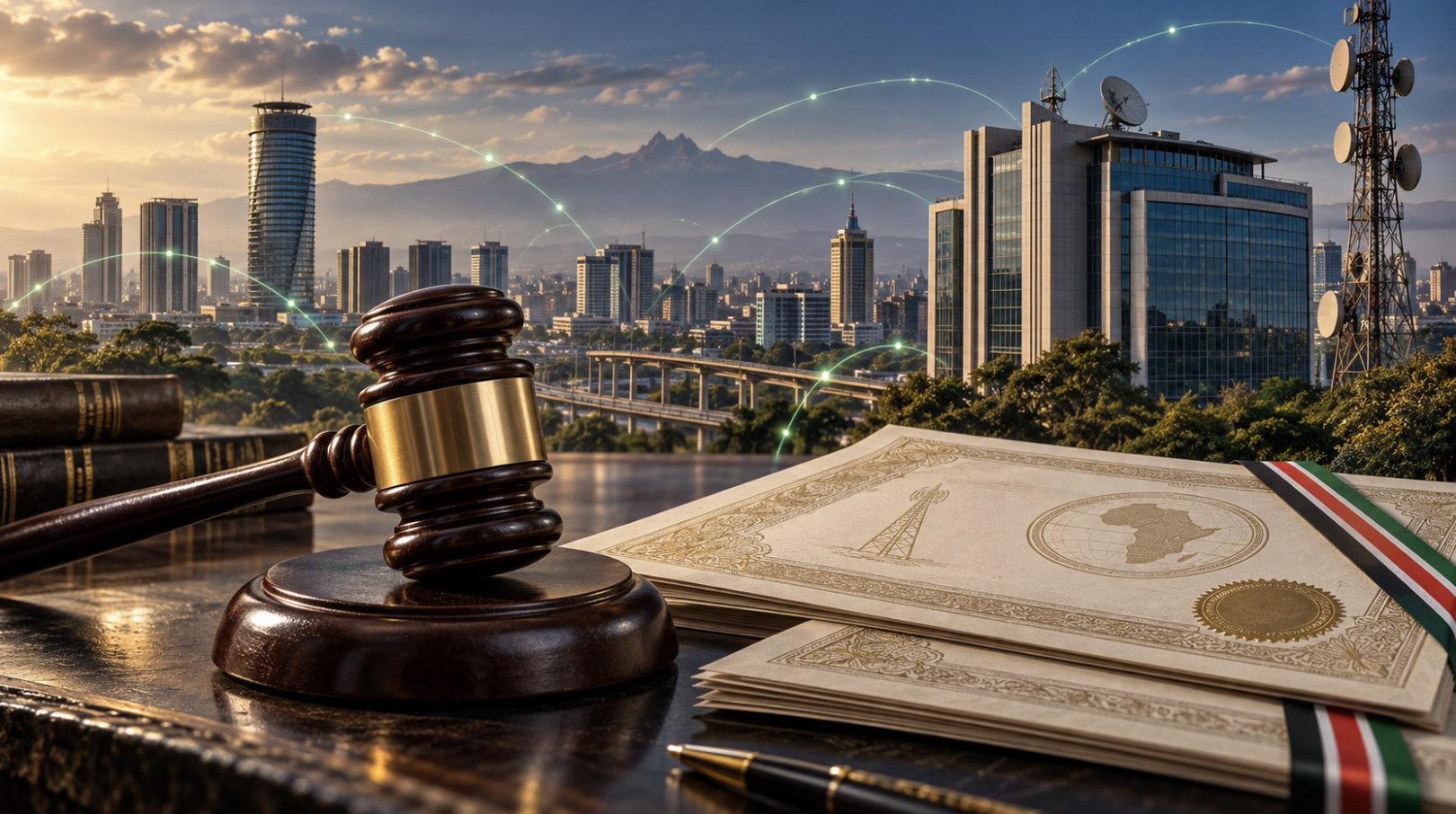 A judge’s gavel beside share documents overlooking Nairobi’s telecommunications infrastructure.